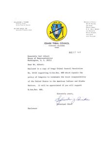 Osage Tribal Council Meeting with US Attorney&#39;s Office - Thank You Letter to Honorable Carl Albert, 1970-01-01
