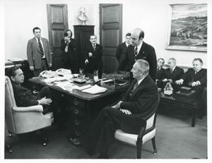 Carl Albert seated and talking with Polish First Secretary Edward Gierek during his visit to the United States. Clement Zablocki is in background. October 9, 1974, 1974-10-09