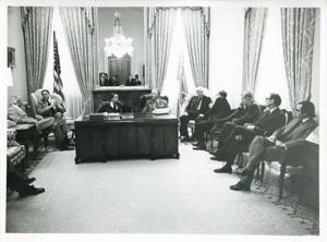 John McFall, Carl Albert, Polish First Secretary Edward Gierek, Thomas P. O&#39;Neill, and several others seated in Albert&#39;s office. October 9, 1974, 1974-10-09