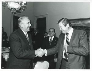 Dan Rostenkowski shaking hands with Edward Gierek, Polish First Secretary. October 9, 1974, 1974-10-09