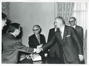 Carl Albert shaking hands with members of Egyptian Parliament. May 1, 1975, 1975-05-01