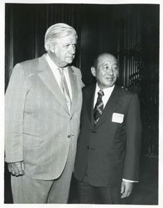Thomas P. O&#39;Neill standing with an unidentified Korean man during the Korean-U.S. Interparliamentary Conference. July 22-23, 1973, 1973-07-22