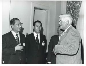 Thomas P. O&#39;Neill talking with several Korean men during the Korean-U.S. Interparliamentary Conference. July 22-23, 1973, 1973-07-22