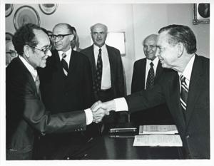 Carl Albert in various poses with unidentified people., 1950-01-01 - 1976-12-31