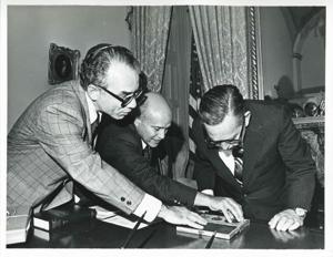 Carl Albert in various poses with unidentified people., 1950-01-01 - 1976-12-31