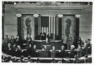 Carl Albert and others in Congressional chambers., 1973-01-01 - 1973-12-31