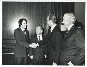 King Juan Carlos of Spain shaking hands with an unidentified man as Carl Albert looks on., 1976-06-06