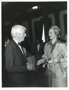 Queen Margrethe of Denmark talking with an unidentified man., 1976-05-12