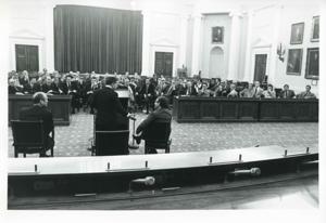 Carl Albert and Gerald R. Ford seated in a room with several other men at an unknown function, and Henry Kissinger is also shown., 1950-01-01 - 1976-12-31