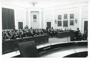 Carl Albert speaking to a large group of people at an unidentified function., 1950-01-01 - 1976-12-31