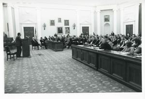 Carl Albert speaking to a large group of people at an unidentified function., 1950-01-01 - 1976-12-31