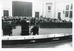 Carl Albert speaking to a large group of people at an unidentified function., 1950-01-01 - 1976-12-31