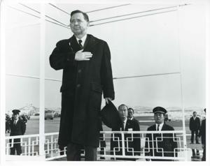 Carl Albert standing with his hand over his heart., 1950-01-01 - 1976-12-31