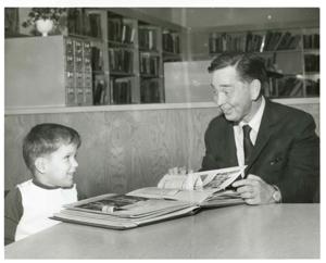 Carl Albert speaking to a young boy. March of Dimes, 1968, 1969-01-01 - 1969-12-31