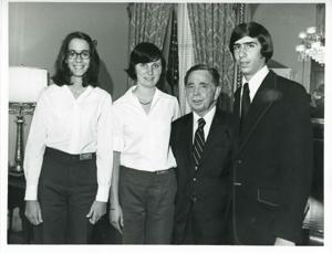 Carl Albert posing with three unidentified people., 1950-01-01 - 1976-12-31