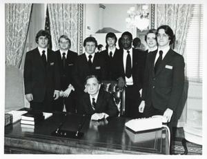 Carl Albert posing with Pages. March-April 1975, 1975-03-01