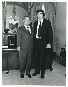Carl Albert posing with Brad Durham on April 30, 1975, 1975-04-30