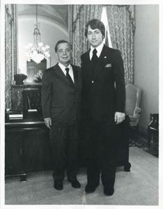 Carl Albert posing with Ron Ressy on April 30, 1975, 1975-04-30
