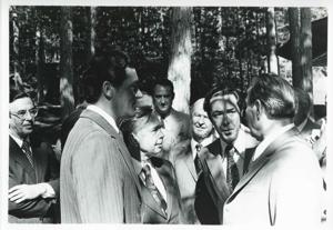 Leonid Brezhnev, Millicent Fenwick, and others standing outside. House delegation trip. August 1975, 1975-08-04