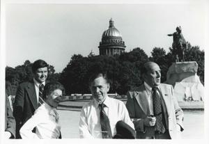 Carl Albert, Leonid Brezhnev standing outside with several other men. House delegation trip. August 1975, 1975-08-04