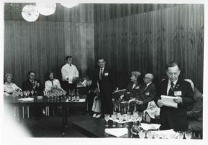 Leonid Brezhnev hugging Edward Boland as Carl Albert and others watch. House delegation trip, USSR August 1975, 1975-08-04