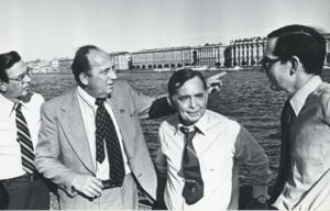 Carl Albert and Mary Albert with several others walking in a museum during the House delegation trip. August 1975, 1975-08-04