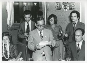 Unidentified group of people speaking., 1975-08-04