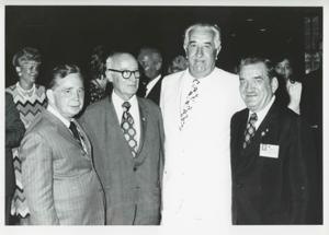Carl Albert posing with George Danielson, Phillip Burton, and others., 1975-08-04