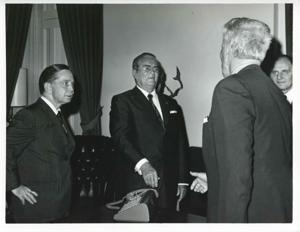 Carl Albert standing with President Josip B. Tito of Yugoslavia and others. November 1971, 1971-11-01