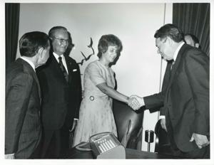 President Josip B. Tito of Yugoslavia shaking hands with Hale Boggs. Carl Albert is also shown., 1971-11-01