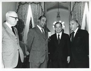 Carl Albert posing with Antonio Cariglo, Chief of Parliament of Social Democrats of Italy. Peter Rodino is also shown. September 21, 1972, 1972-09-21