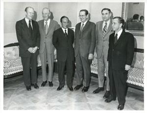 Gerald R. Ford, Les Arends, President Thieu of Vietnam, John McFall, and Carl Albert posing for a picture. April 5, 1973, 1973-04-05