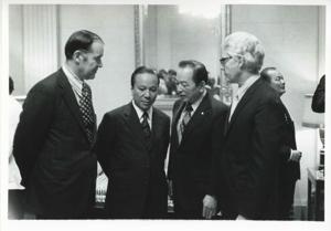 Barber Conable, President Thieu of Vietnam, John Anderson, and others standing together. April 5, 1973, 1973-04-05