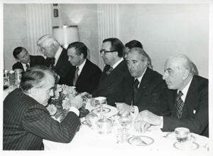 John Volpe, Thomas P. O&#39;Neill, Carl Albert, Peter Rodino, and Prime Minister Andreotti from Italy at a luncheon honoring Andreotti. April 18, 1973, 1973-04-18