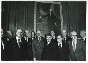 Hugh Scott, Mike Mansfield, Harry F. Byrd, Jr., Charles Mathias, Gerald R. Ford, Nicolae Ceausescu (President of Romania), Carl Albert, and George Aiken at the reception for President Ceausescu of Romania. December 5, 1973, 1973-12-05