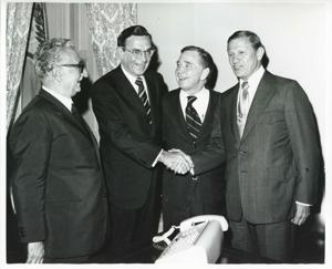 President Leone of Italy, Edward Boland, Carl Albert, and John Volpe standing together. September 26, 1974, 1974-09-26
