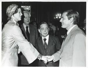 Queen Margrethe shaking hands with John Sparkman as Carl Albert and Bill Alexander look on., 1976-05-12