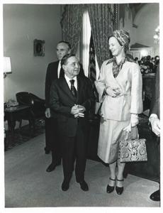 Mike Mansfield, Carl Albert, and Queen Margrethe of Denmark talking with each other., 1976-05-12