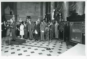Charles Percy speaking at the Centennial Safe Opening. Also shown is Lindy Boggs, Carl Albert, Gerald R. Ford, Mike Mansfield, and Edward Brooke., 1976-07-06