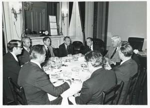 Robert C. Byrd, John McFall, Carl Albert, Thomas P. O&#39;Neill, Robert Strauss and Mike Mansfield with others seated at a table., 1973-01-01 - 1976-12-31