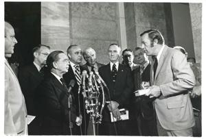 Carl Albert, Robert Strauss, Thomas P. O&#39;Neill, Mike Mansfield, John McFall, Robert C. Byrd, and Newsman Roger Mudd., 1973-01-01 - 1976-12-31