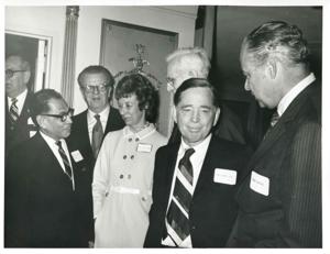 Lawrence F. O&#39;Brien and wife, John W. McCormack, Carl Albert, Robert Strauss at an unidentified function., 1950-01-01 - 1976-12-31