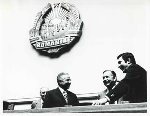 Carl Albert speaking with some men in a building in Romania. House delegation trip to USSR, Romania, Yugoslavia. August 1975, 1975-08-04 - 1975-08-29