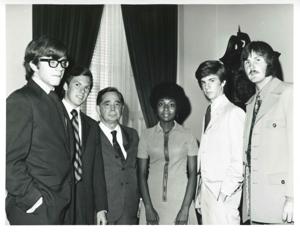 Carl Albert with the 1971 Summer Interns-Skip Stephens, Basil Bigbie, Shirley Jeter, David Jeffers, and Gary Shaw., 1969-01-01 - 1969-12-31