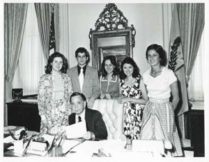 Carl Albert posing with the 1975 Summer Interns - Sue Waldron, Steve Schiff, Laura Moning, Kitty Mofeit, and Debbie Hutchins., 1975-01-01 - 1975-12-31
