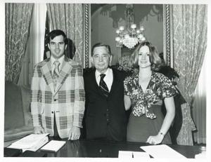 Carl Albert posing with David Salmon and Nancy Jensen, May 1975, 1975-01-01 - 1975-12-31