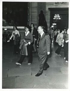 Carl Albert and several people walking in the lobby of a building., 1950-01-01 - 1976-12-31