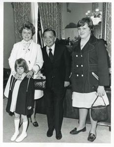 Barbara Morgan Buckley, Mrs. Ned Finkenstaedt, and Carl Albert. April 22, 1975, 1975-04-22