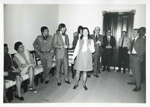 Jane England Lawton and Charlie Ward with several others at Lawton&#39;s farewell party, March 8, 1974, 1974-03-08