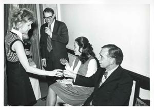 Helen Newman Tuttle, Mike Reed, Jane England Lawton, and Carl Albert at Lawton&#39;s party. March 8, 1974, 1974-03-08